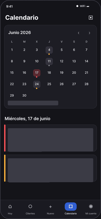 Vista de calendario de ZIMOONE con recordatorios